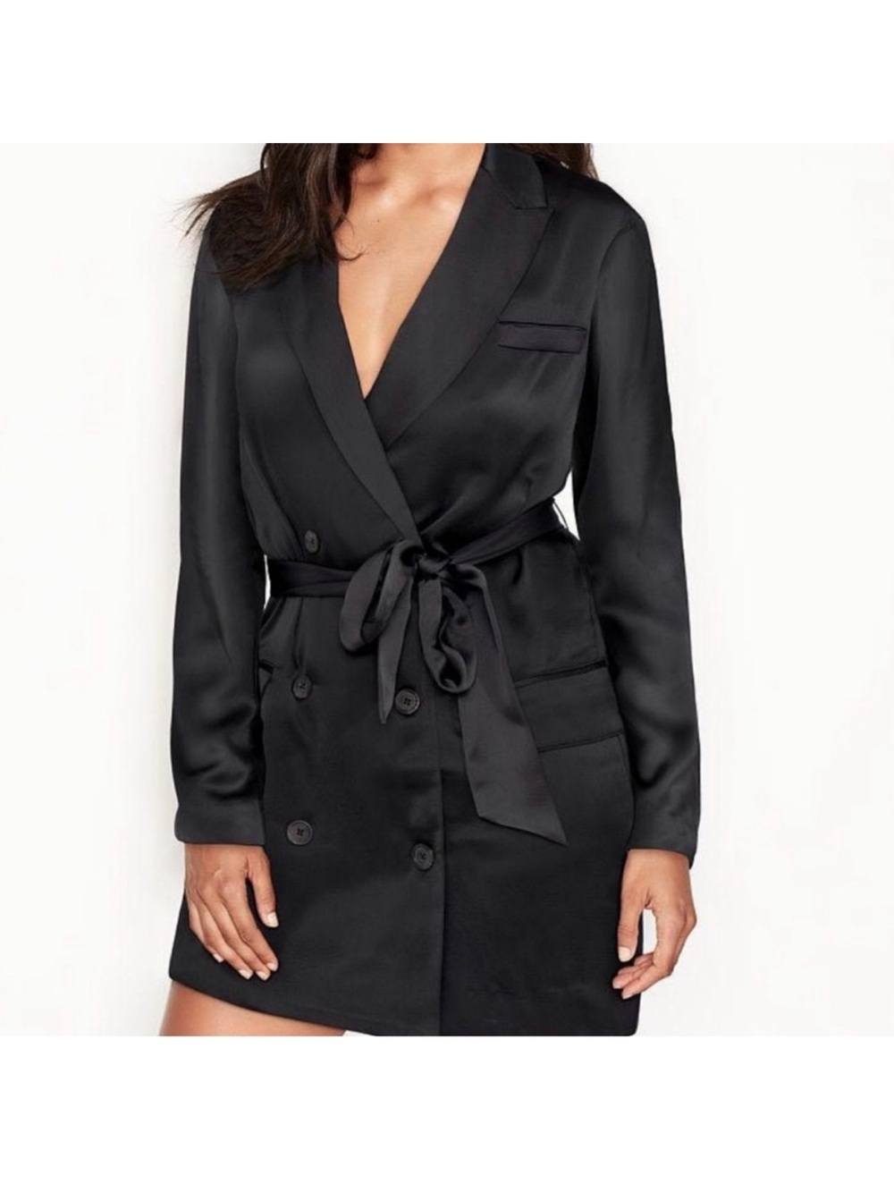 Victoria's Secret Black Satin Tie-Waist Blazer Robe
